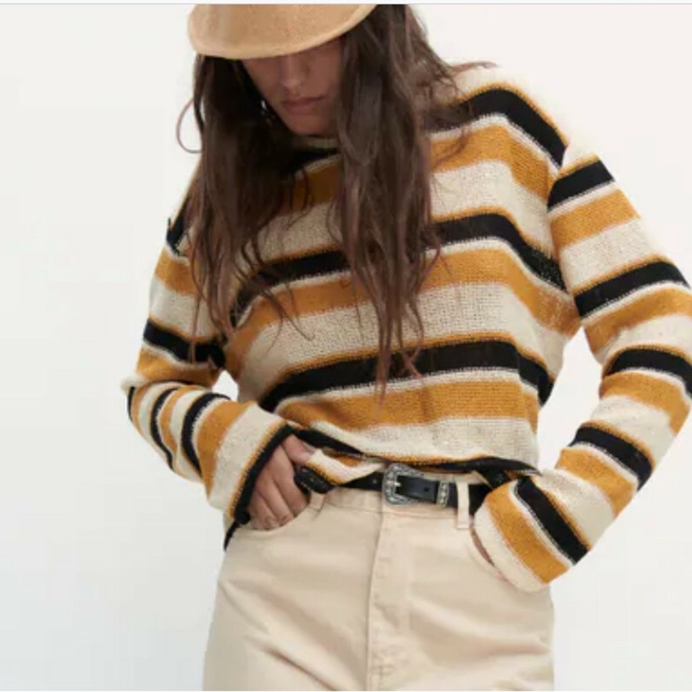 Zara Mustard and Black Striped Knit Top